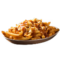 Plate of crinkle-cut fries topped with cheese sauce and bacon bits.