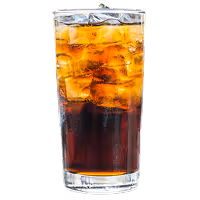 Tall glass of iced cola with ice cubes against a white background.